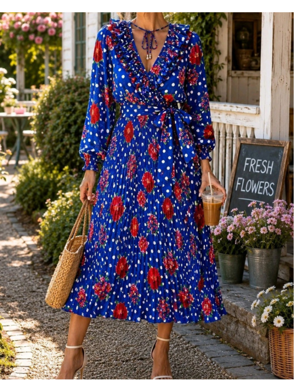 VTG Susan Freis Dress M Blue Floral Polka Dot Faux Wrap Pleated Midi USA